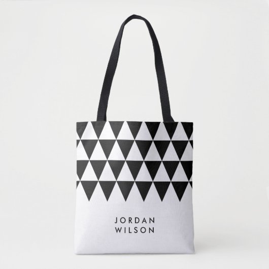Witte minimalistische naam zwarte driehoek patroon tote bag (Voorkant)