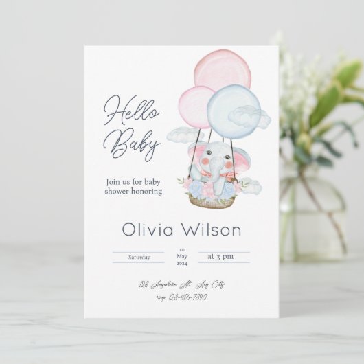 Witte Minimalistische Olifant Baby Shower Uitnodig Kaart (Staand voorkant)