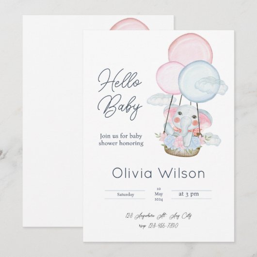 Witte Minimalistische Olifant Baby Shower Uitnodig Kaart (Voorkant / Achterkant)