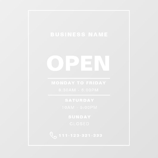 Witte Minimalistische Openingstijden met Bedrijfsn Raamsticker (Vel)