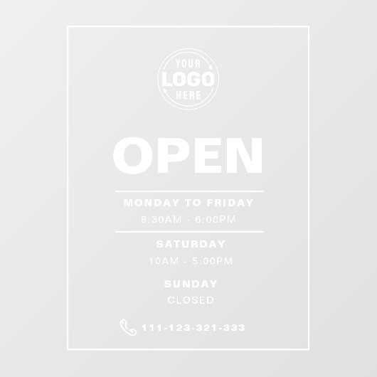 Witte minimalistische openingstijden met Logo Raamsticker (Vel)