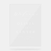 Witte Minimalistische Script Trouwbegroeting Acryl Bord (Voorkant)