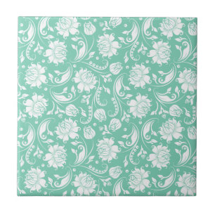 Witte & Mint-Groene  Bloemen Damasks Tegeltje