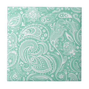Witte & Mint-Groene  Bloemen Paisley Damasks Tegeltje