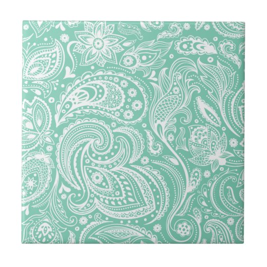 Witte & Mint-Groene  Bloemen Paisley Damasks Tegeltje (Voorkant)