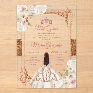 Witte Mis Quince Kroon Roze Goud Quinceañera Acryl Uitnodigingen