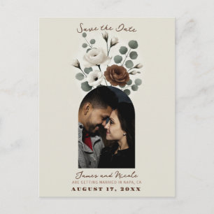 Witte Mocha Cream Moderne Bloemen Bewaar de Datum Aankondigingskaart