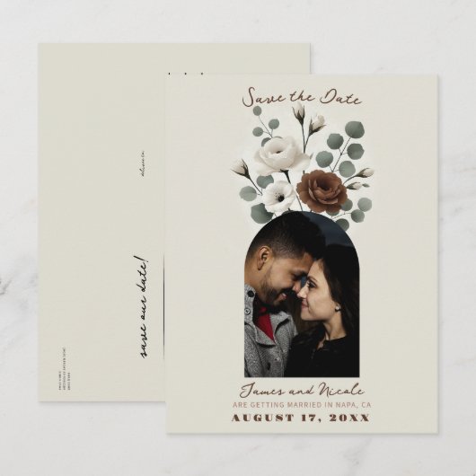 Witte Mocha Cream Moderne Bloemen Bewaar de Datum Aankondigingskaart (Voorkant / Achterkant)