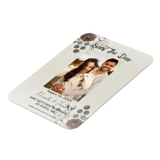 Witte Mocha Cream Moderne Bloemen Bewaar de Datum Magneet (Linkerzijde)