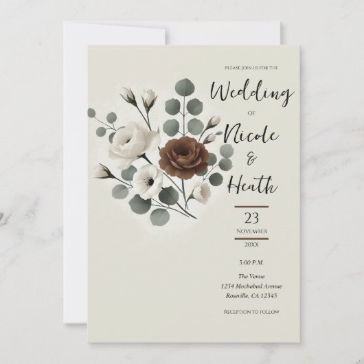 Witte Mocha Cream Moderne Bloemen Huwelijk Kaart (Voorkant)