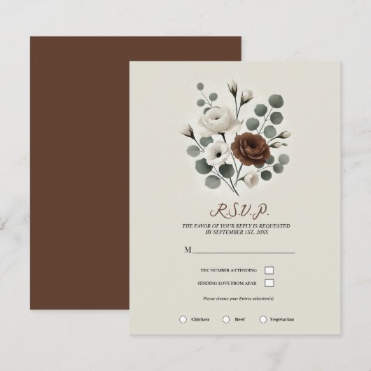 Witte Mocha Crème Moderne Bloemen Bruiloft RSVP Kaart (Voorkant / Achterkant)