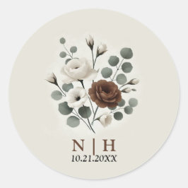 Witte Mocha Crème Moderne Bloemige Bruiloft Ronde Sticker