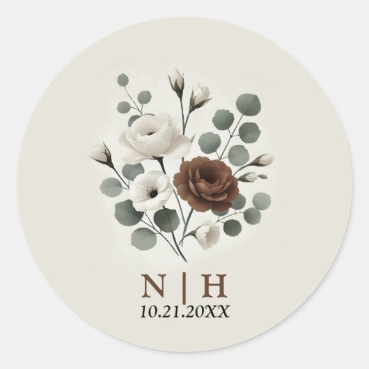 Witte Mocha Crème Moderne Bloemige Bruiloft Ronde Sticker (Voorkant)