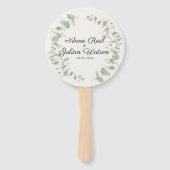 Witte moderne bruiloft met eucalyptusbladeren handwaaier (Voorkant)
