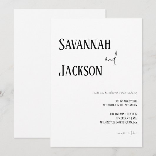 Witte Moderne Elegante Huwelijksuitnodiging Kaart (Voorkant / Achterkant)