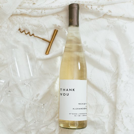 Witte moderne gewaagde bruiloft dank u wijn etiket