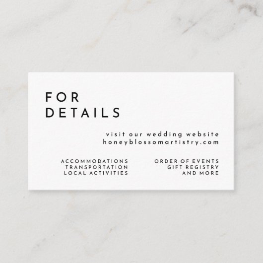 Witte moderne gewaagde bruiloft website informatiekaartje (Voorkant)