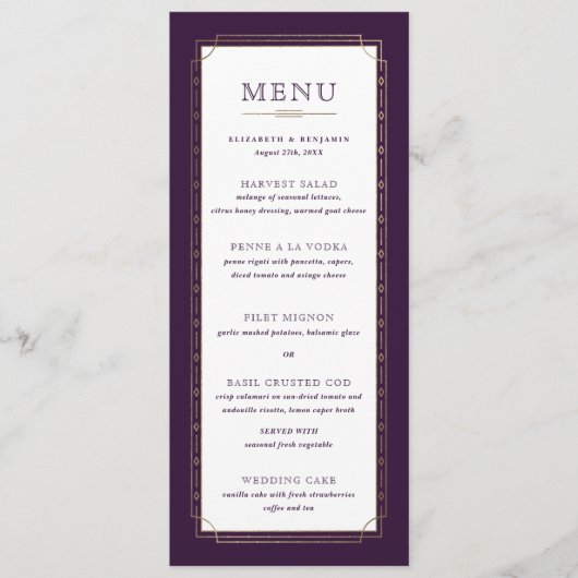 Witte moderne pruim Paarse goudfolie bruiloft Menu (Voorkant)