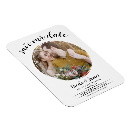 Witte Moderne Ronde Foto Save the Date Magneet (Rechterzijde)