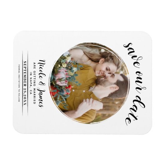 Witte Moderne Ronde Foto Save the Date Magneet (Horizontaal)