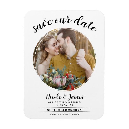 Witte Moderne Ronde Foto Save the Date Magneet (Verticaal)