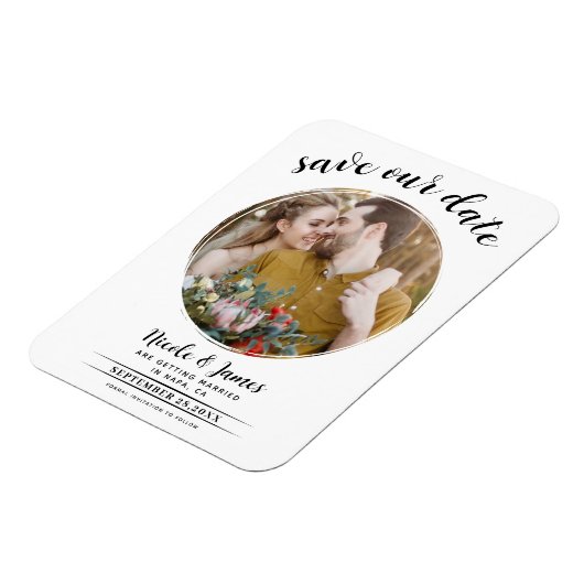 Witte Moderne Ronde Foto Save the Date Magneet (Linkerzijde)