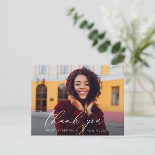 witte moderne script bedankt afstuderen briefkaart (Staand voorkant)