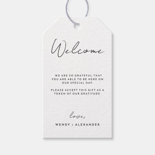 Witte Moderne Script Bestemming Trouwlocatie Welko Cadeaulabel (Voorkant)