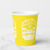 Witte moderne trein motor op gele achtergrond papieren bekers (Achterkant)