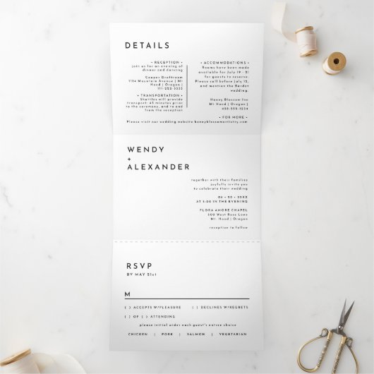 Witte Moderne Vette Bruiloft Alles in Een Drieluik Uitnodiging (Binnen)