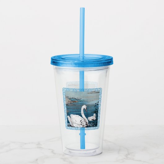 Witte Moeder Swan in het meer met Baby Acryl Drinkbeker (Voorkant)