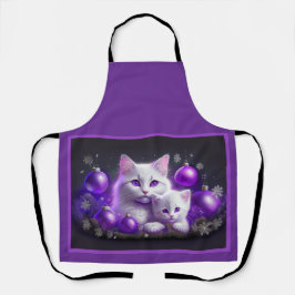 Witte Moederkat En Kitten Paarse Kerst Scene Schort