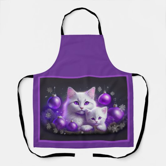 Witte Moederkat En Kitten Paarse Kerst Scene Schort (Voorkant)