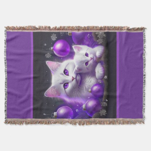 Witte moederkat en kitten Paarse kerstscène Deken (Voorkant)