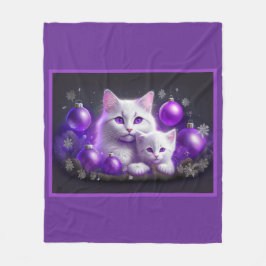 Witte moederkat en kitten Paarse kerstscène Fleece Deken