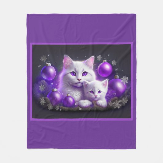 Witte moederkat en kitten Paarse kerstscène Fleece Deken (Voorkant)