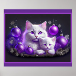 Witte moederkat en kitten Paarse kerstscène Poster