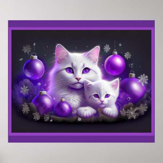 Witte moederkat en kitten Paarse kerstscène Poster (Voorkant)
