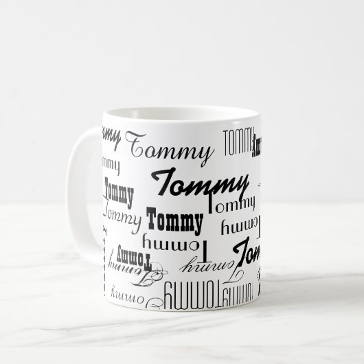 Witte Mok met zwarte namen Pattern (Voorkant links)