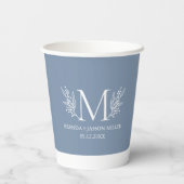 Witte monogram botanische bloem op blauw-grijs papieren bekers (Achterkant)