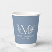 Witte monogram botanische bloem op blauw-grijs papieren bekers (Voorkant)