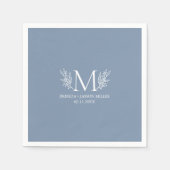 Witte monogram botanische bloem op blauw-grijs servet (Voorkant)