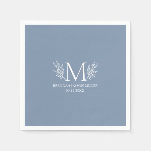Witte monogram botanische bloem op blauw-grijs servet (Voorkant)