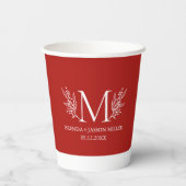 Witte monogram botanische bloem op bordeaux rood papieren bekers (Achterkant)