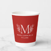 Witte monogram botanische bloem op bordeaux rood papieren bekers (Voorkant)