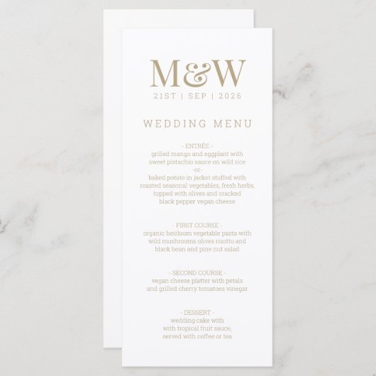 Witte Monogram Bruiloft Menu (Voorkant / Achterkant)