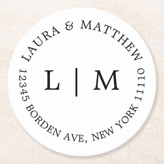 Witte Monogram Bruiloft Ronde Kartonnen Onderzetter (Voorkant)