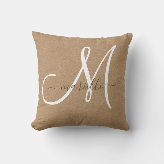 Witte monogram Cocoa Caramel Brown Sierkussen (Voorkant)
