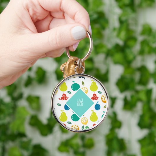 Witte Monogram Custom Kleurrijke Vruchten Sleutelhanger (Hand)