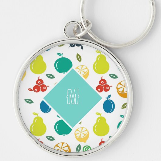Witte Monogram Custom Kleurrijke Vruchten Sleutelhanger (Voorkant)